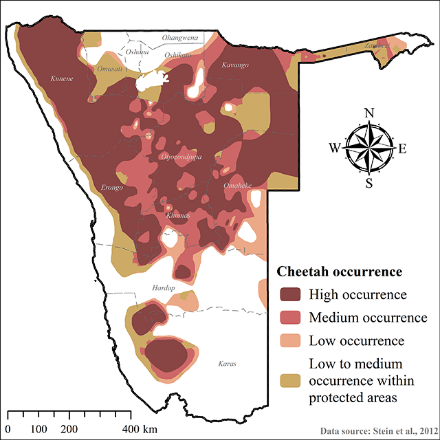 Cheetah distribution and population density in Namibia.